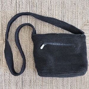 THE SAK Handbag Black Crochet Hobo Small Shoulder Bag Purse Crossbody Nylon Zip